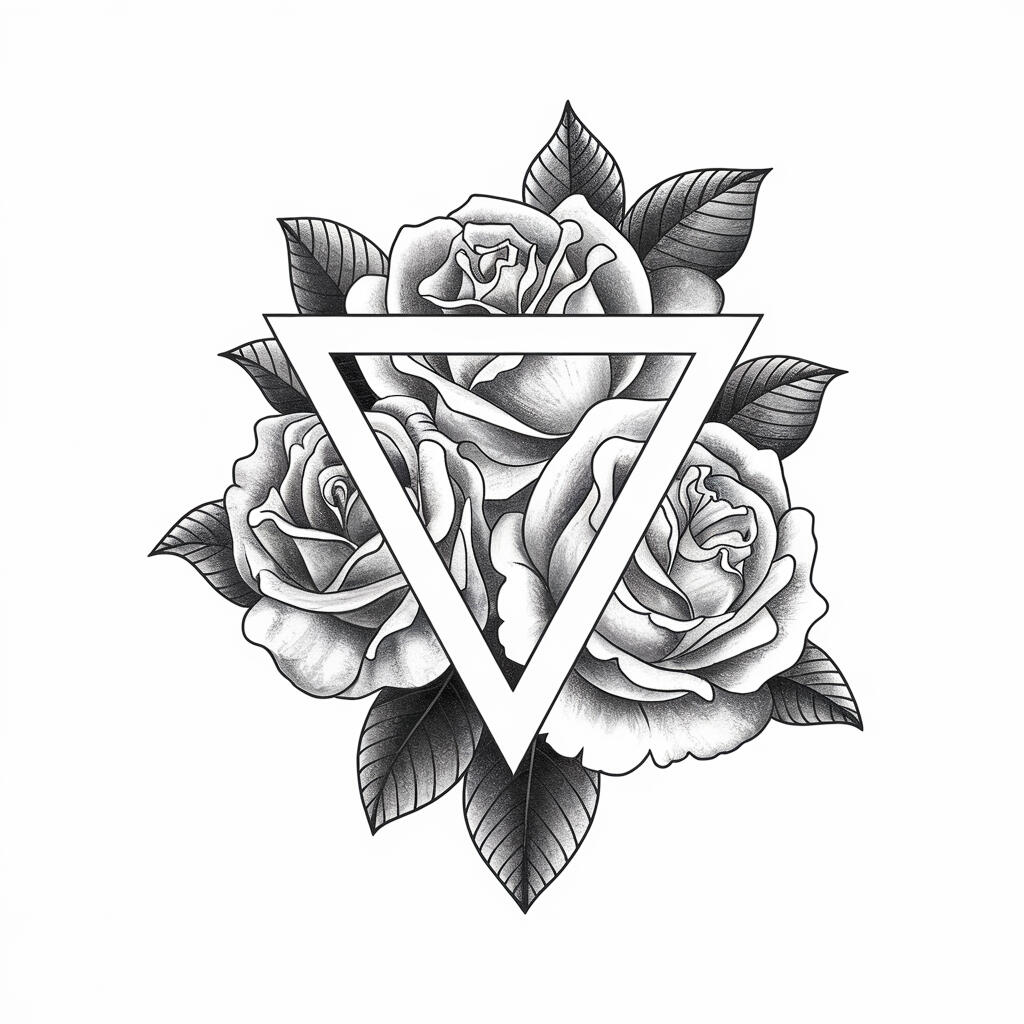 Black and grey rose tattoo idea for women with a triangle geometric frame