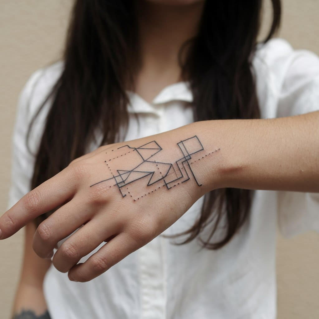 Hand tattoo idea for women featuring minimalist geometric design