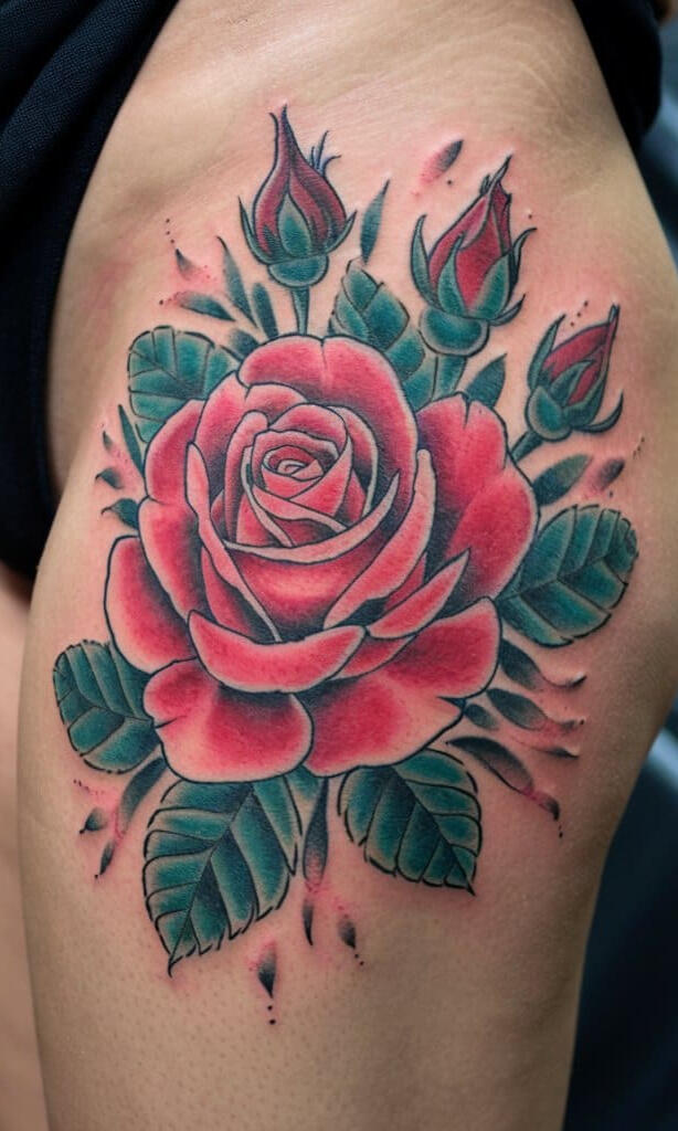 Thigh tattoo idea for women featuring a red rose design